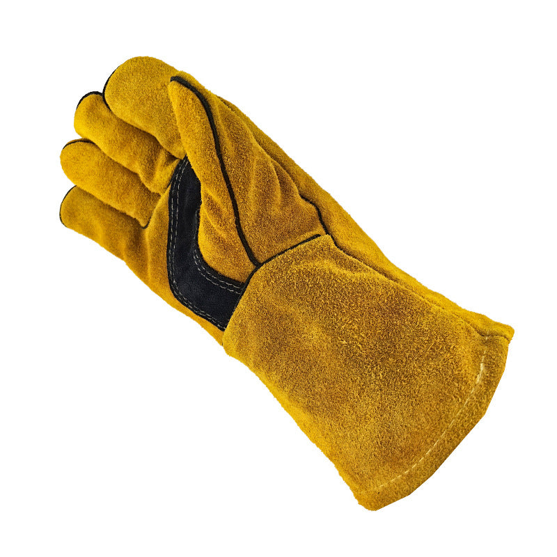 Detail of heat insulation and wear-resistant layers on outdoor BBQ and welding style gloves.